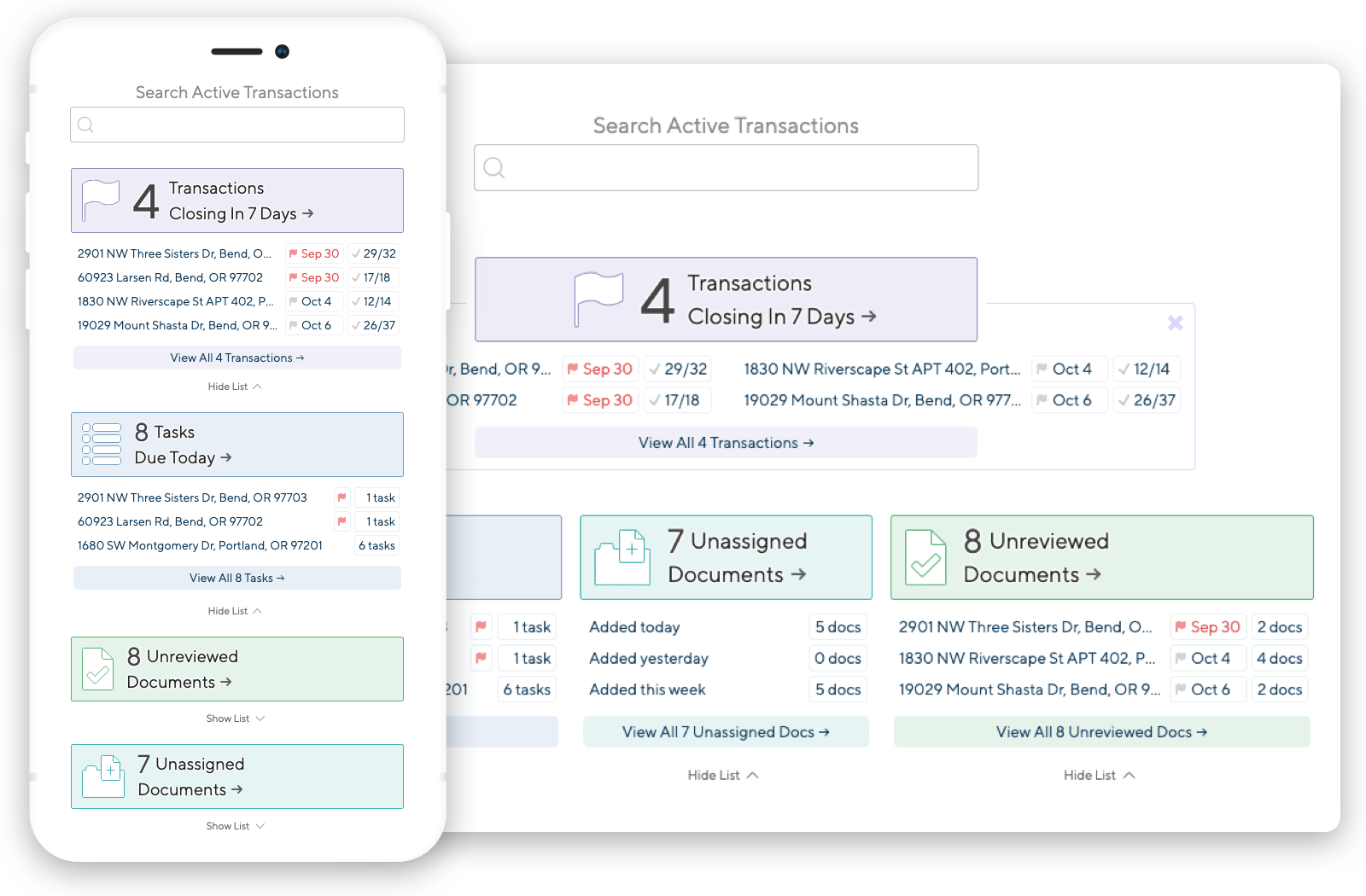 Paperless Pipeline dashboard showing active transactions, tasks, and documents